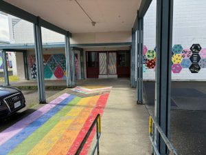 through the breezeway to the Commerce Building